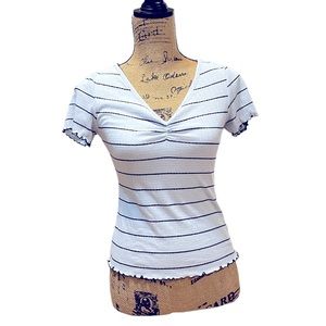Blue and Black Striped Top with Ruffled Sleeves